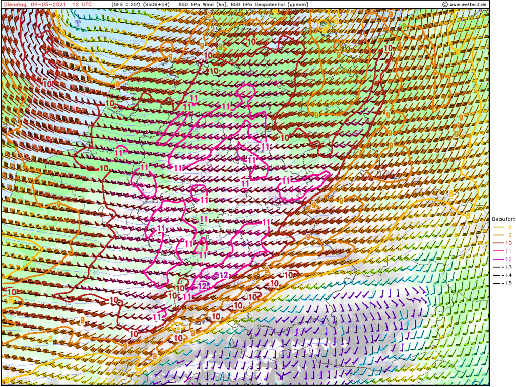 GFS 04.05.21 12h UTC 850hPa-Wind (Init: 02.05.2021 06h UTC) - (c)Wetter3